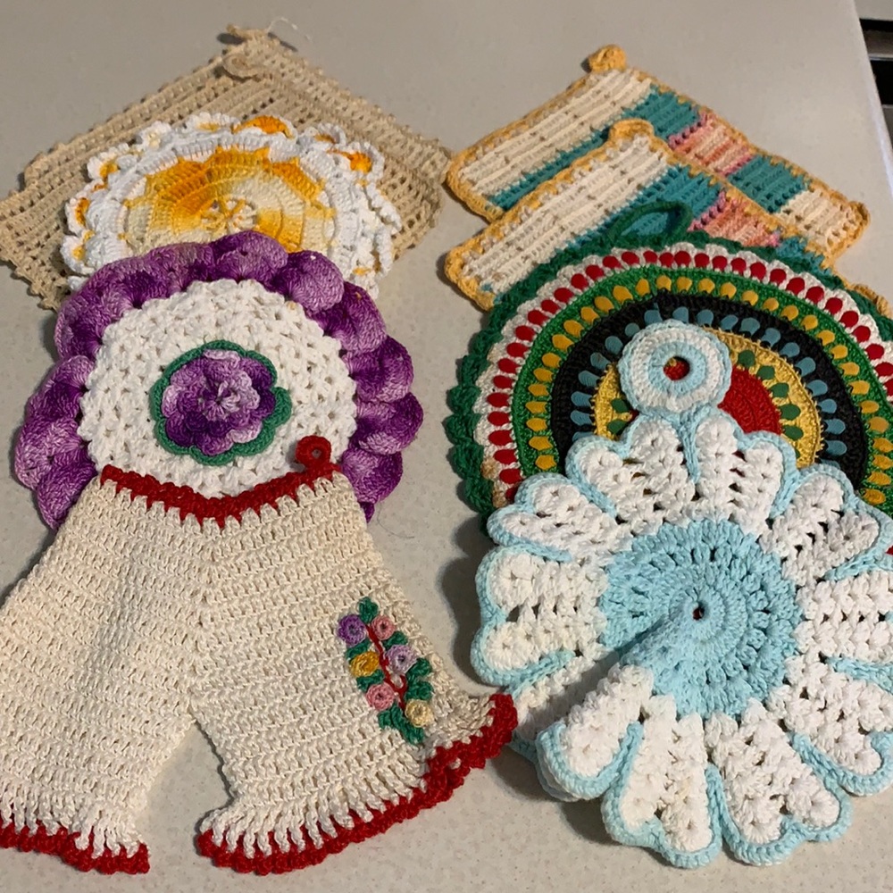 9 vintage hand crocheted hot pads